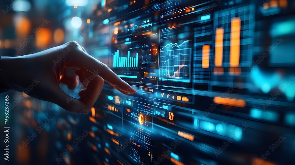 Hand Interacting with Futuristic Data Screen Hand Interacting with Futuristic Data Screen