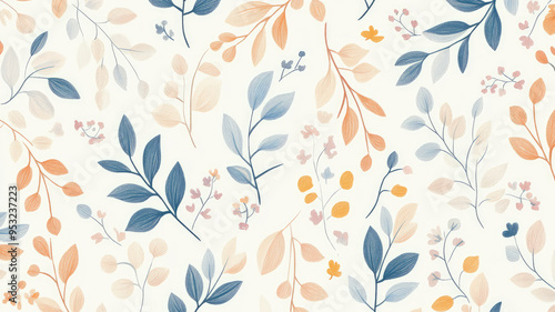 hand-drawn seamless pattern of pastel-colored leaves and small flowers, creating a whimsical and fresh aesthetic, high quality photo