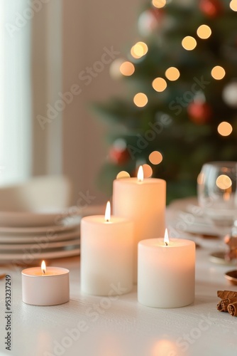 A serene scene with glowing candles on a festive table, creating a warm atmosphere for celebrations and gatherings.