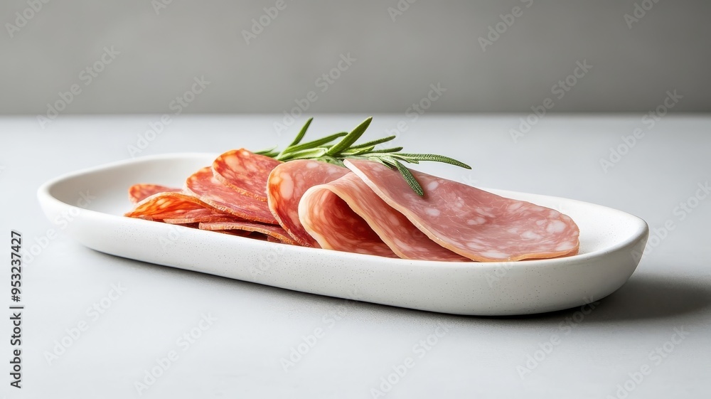 Minimalistic display of charcuterie, featuring neatly arranged slices of salami, ham, and chorizo on a white ceramic platter. Minimalistic display of charcuterie, featuring neatly arranged slices of salami, ham, and chorizo on a white ceramic platter.