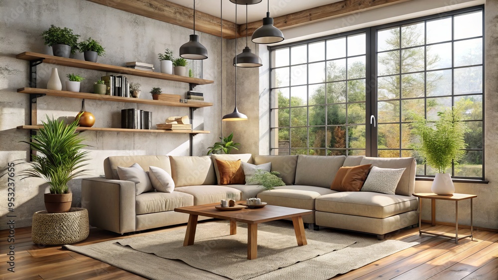 Cozy Minimalist Ambiance Neutral Toned Sectional Sofa Floating Shelves Industrial Chic Coffee Table Earthy Textures Morning Natural Light Flooded Open Window Cozy Minimalist Ambiance Neutral Toned Sectional Sofa Floating Shelves Industrial Chic Coffee Table Earthy Textures Morning Natural Light Flooded Open Window