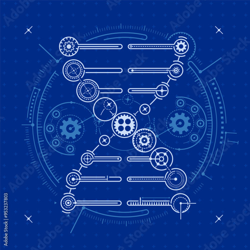 concept of bioengineering technology, graphic of DNA structure combined with blueprint element