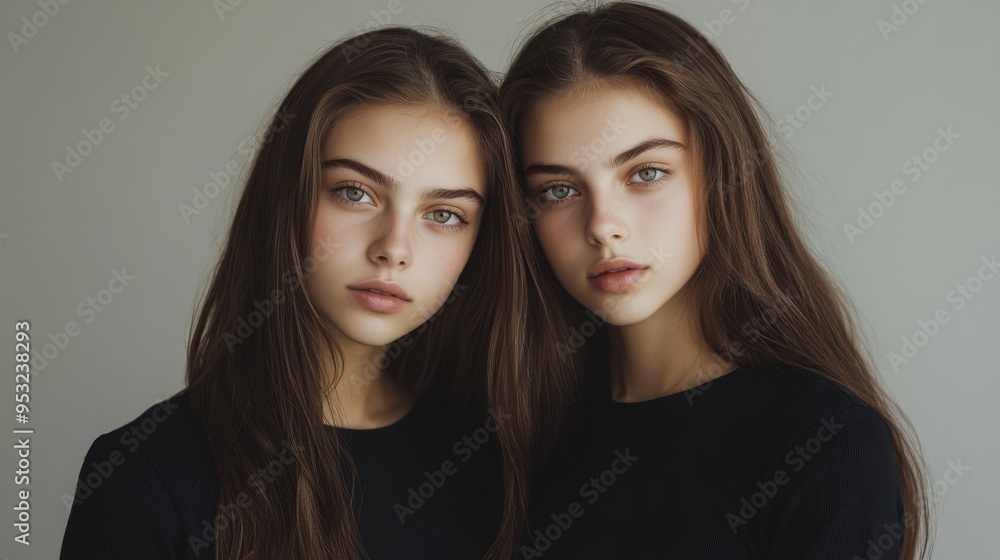 Serious Twin Sisters Posing Against Gray Background Serious Twin Sisters Posing Against Gray Background