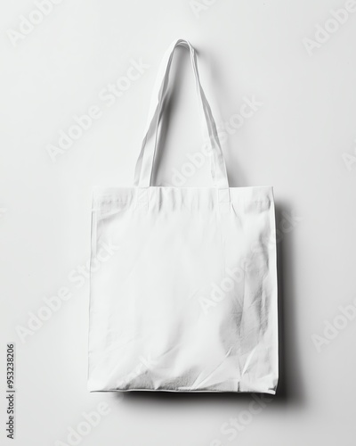 Blank white canvas tote bag with handles isolated on white background.