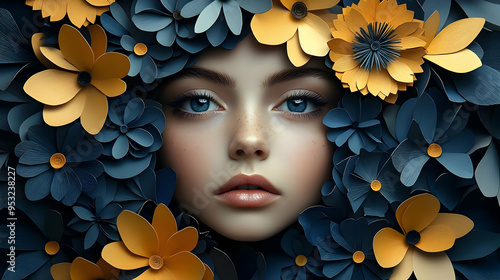A woman's face framed by de...