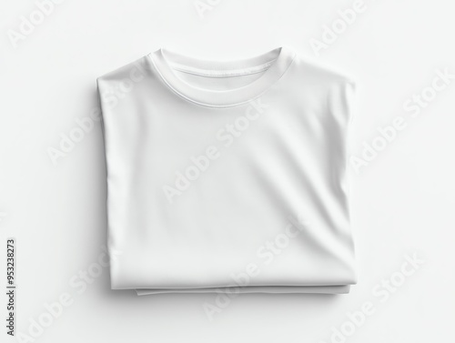 A mockup of a white cotton t-shirt with a simple text graphic, folded neatly on a plain white background, in a modern, minimalist style