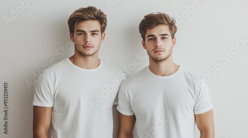 Twin Brothers Standing Together in Casual Attire on White Background