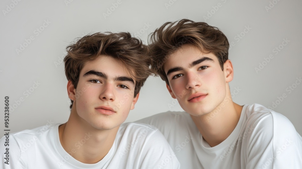Diverse Twin Brothers Portraying Confidence in Studio Setting on Plain White Background Diverse Twin Brothers Portraying Confidence in Studio Setting on Plain White Background