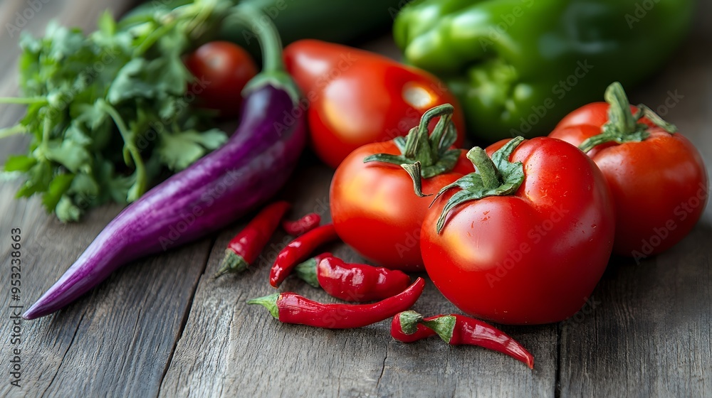 A close-up of vibrant organic vegetables on a natural wooden surface A close-up of vibrant organic vegetables on a natural wooden surface