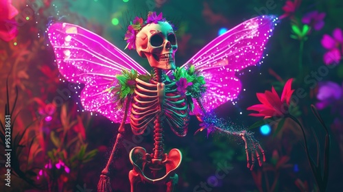 Skeleton with Wings in Enchanted Flower Field