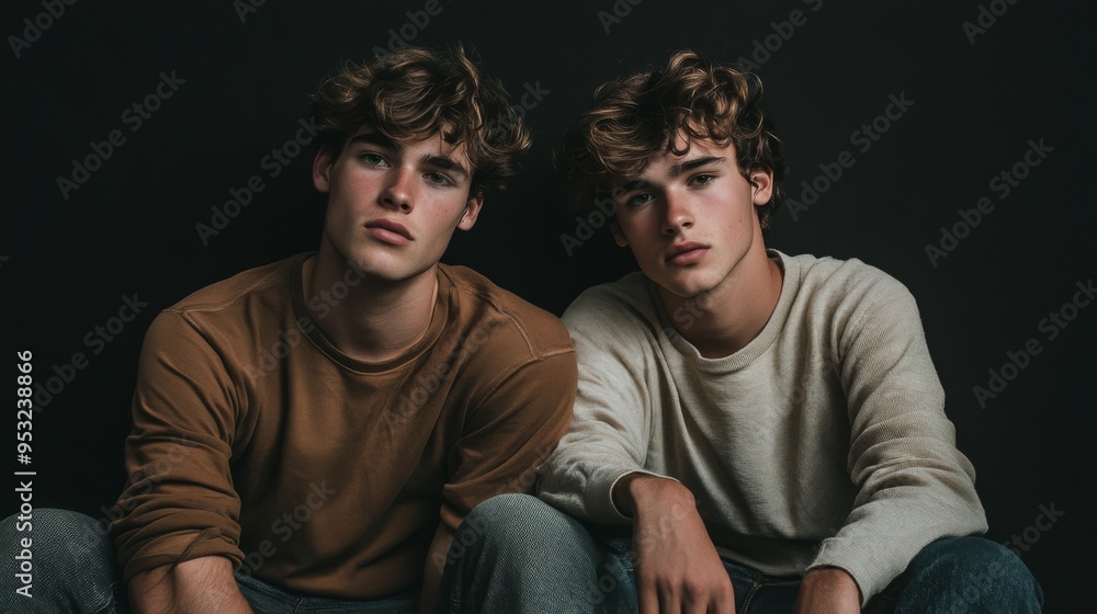 Two Young Male Twins in Casual Attire Sitting on Floor Against Plain Black Background Two Young Male Twins in Casual Attire Sitting on Floor Against Plain Black Background