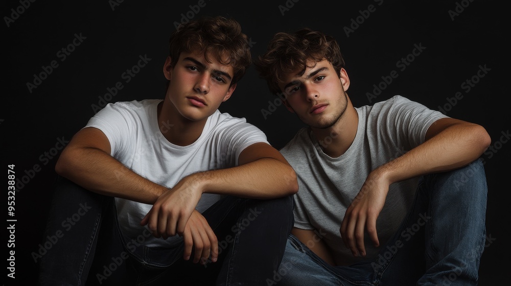 Obraz premium Double Trouble: Twin Young Men in Casual Attire Against a Plain Black Background