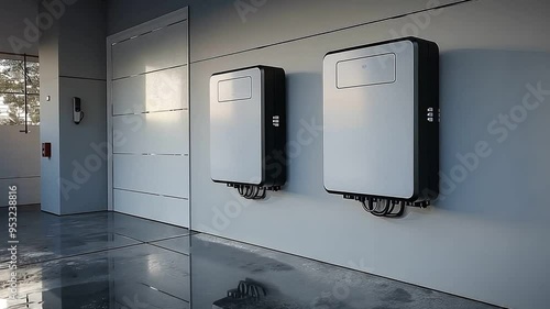 white battery storage units mounted on a gray wall in a modern garage.