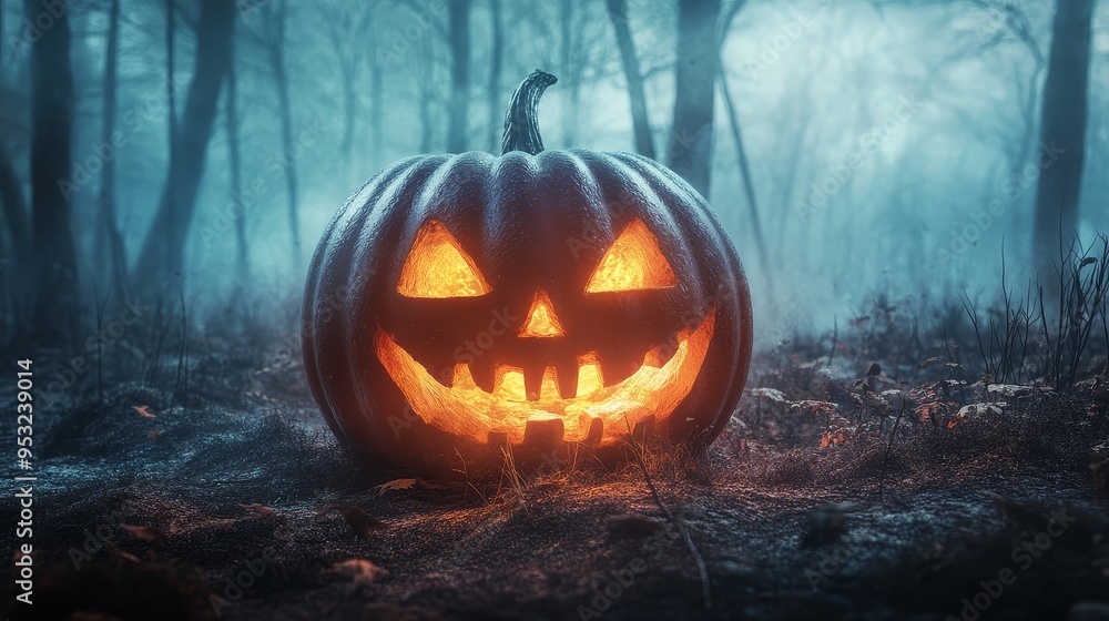 Glowing Pumkin in Spooky Foggy Forest Glowing Pumkin in Spooky Foggy Forest