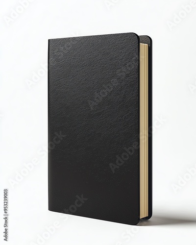 Closed black hardcover notebook on white background.