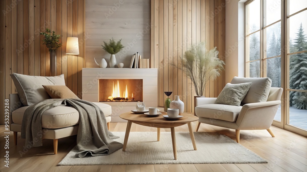 Fototapeta premium Cozy morning ambiance soft focus Scandinavian minimalist white oak paneling