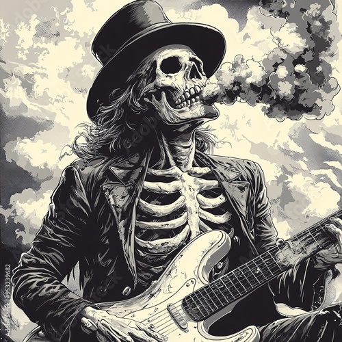 A smoking skeleton rockstar with an electric guitar and top hat, perfect for Halloween themed events and promotions, with copy space. photo