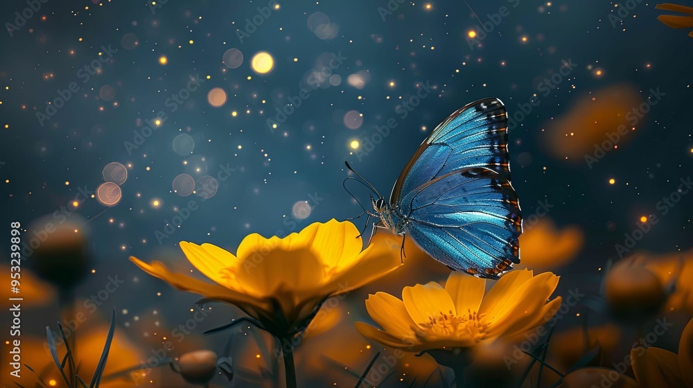 Blue Morpho Butterfly on Yellow Flower with Sparkles Blue Morpho Butterfly on Yellow Flower with Sparkles