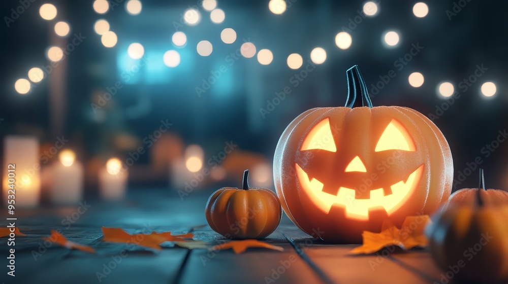 Pumkin with Glowing Face and Fairy Lights on a Wooden Table Pumkin with Glowing Face and Fairy Lights on a Wooden Table