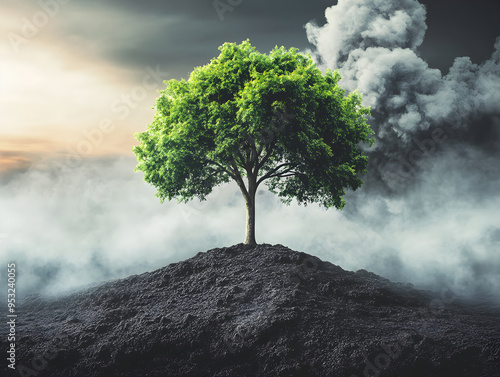 A vibrant green tree stands alone on dark soil, surrounded by ominous smoky clouds, symbolizing resilience and environmental challenges.