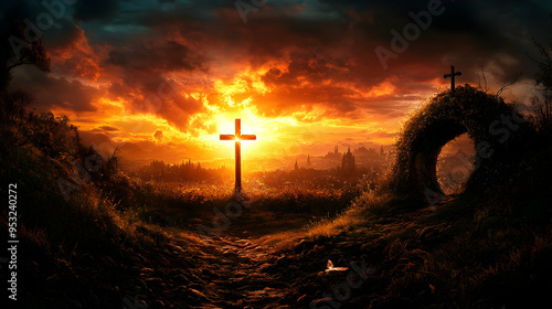 A wooden cross stands tall ...