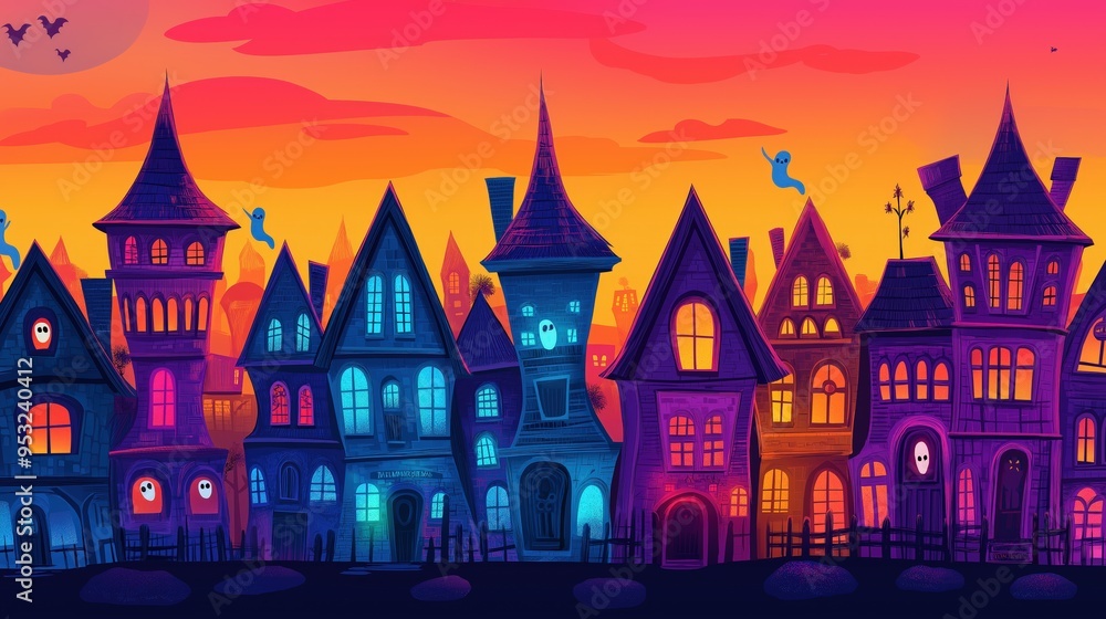 Spooky cartoon village at twilight with eerie orange sky Spooky cartoon village at twilight with eerie orange sky