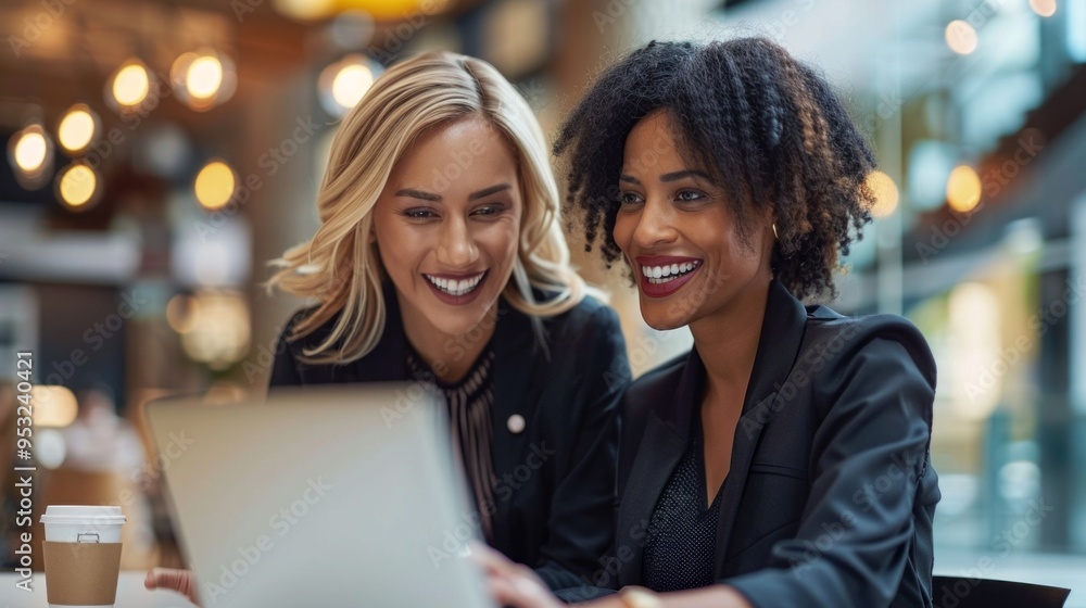 Two women are sitting at a table, one of them is looking at a laptop Two women are sitting at a table, one of them is looking at a laptop