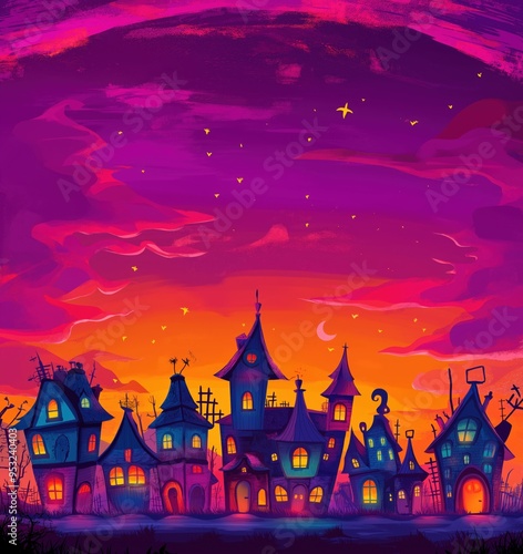 Cartoon village at night with starry sky and vibrant colors