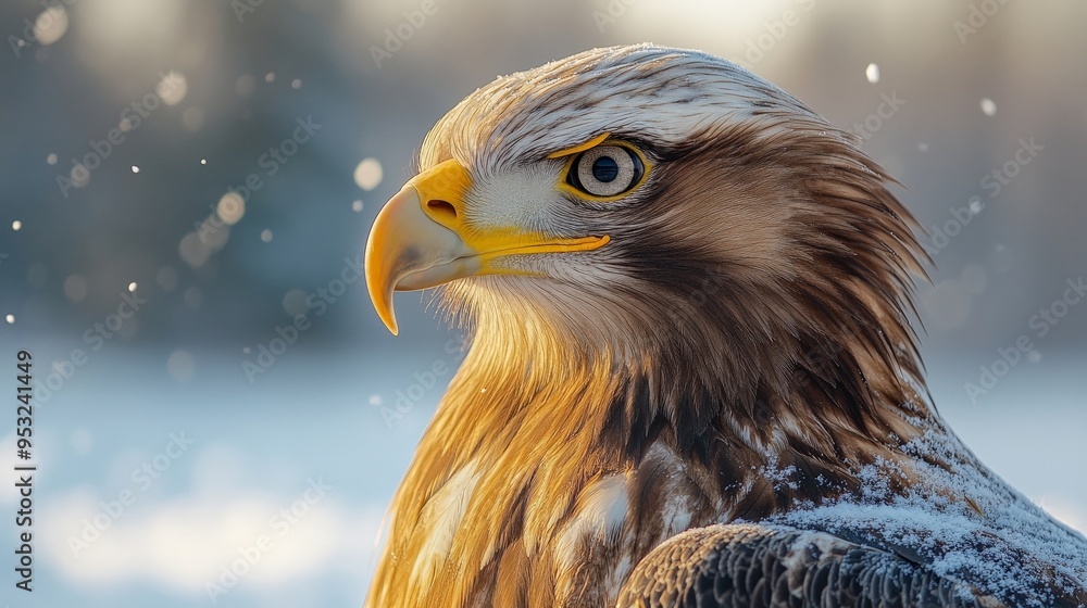 Eagle in Winter Wonderland: Closeup portrait of a majestic eagle with piercing gaze, feathers dusted with snowflakes, against a blurred background of a snowy forest. The image evokes a sense of streng Eagle in Winter Wonderland: Closeup portrait of a majestic eagle with piercing gaze, feathers dusted with snowflakes, against a blurred background of a snowy forest. The image evokes a sense of streng