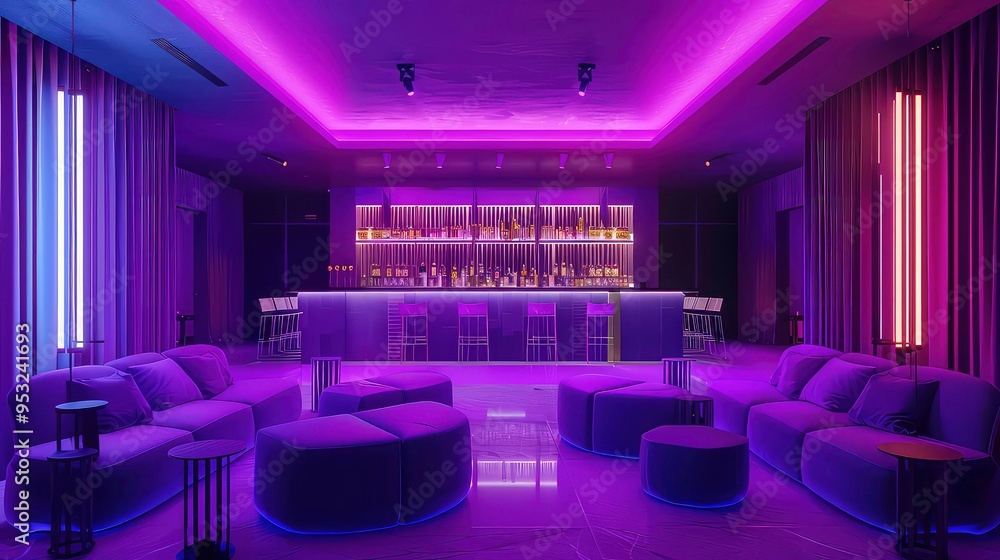 Modern bar lounge interior with purple lighting, plush seating, and a sleek bar counter. Modern bar lounge interior with purple lighting, plush seating, and a sleek bar counter.