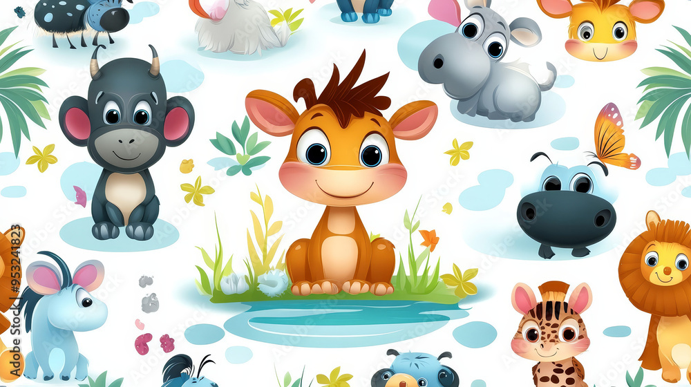 Naklejka premium Cute Cartoon Animals Seamless Pattern for Kids Fabric Wallpaper Baby Nursery Decor