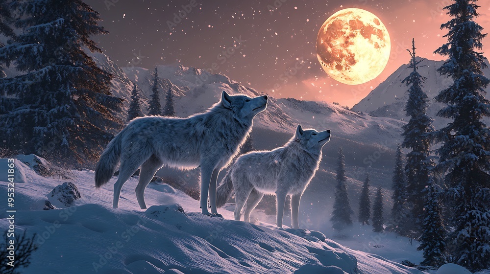 Arctic Night Howl: Hyper-Realistic Wolves in Snowy Landscape - Digital Art Poster Design Arctic Night Howl: Hyper-Realistic Wolves in Snowy Landscape - Digital Art Poster Design