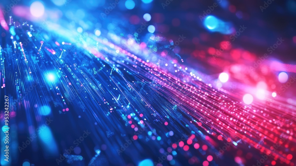 Fototapeta premium Illuminated fiber optic cables in an abstract digital background, highlighting the flow of data and connectivity.
