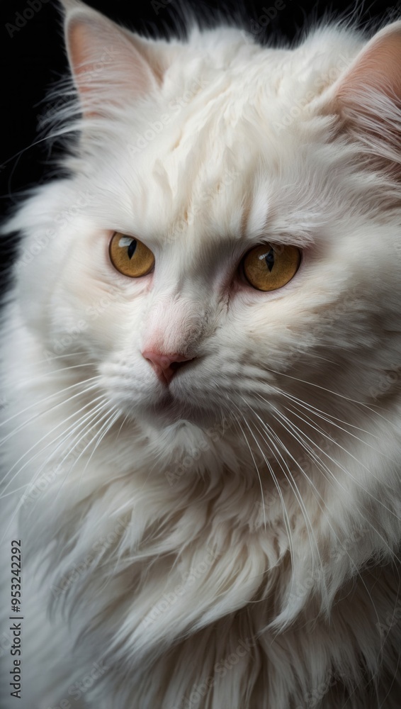 A white cat with green eyes is sitting in front of a black background A white cat with green eyes is sitting in front of a black background