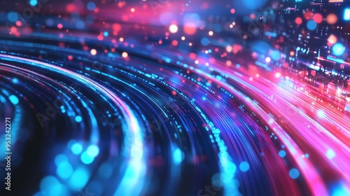 Illuminated fiber optic cables in an abstract digital background, highlighting the flow of data and connectivity.