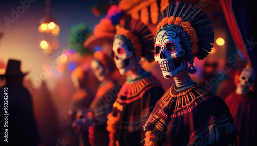 Vibrant day of the dead celebration with colorful calavera catrinas photo