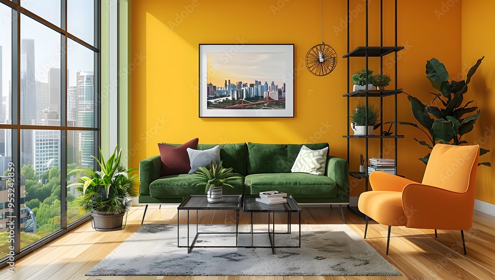 Fototapeta premium A modern living room with yellow walls, a green sofa and an orange armchair. The interior design features contemporary furniture against a wall showing a cityscape through large windows.