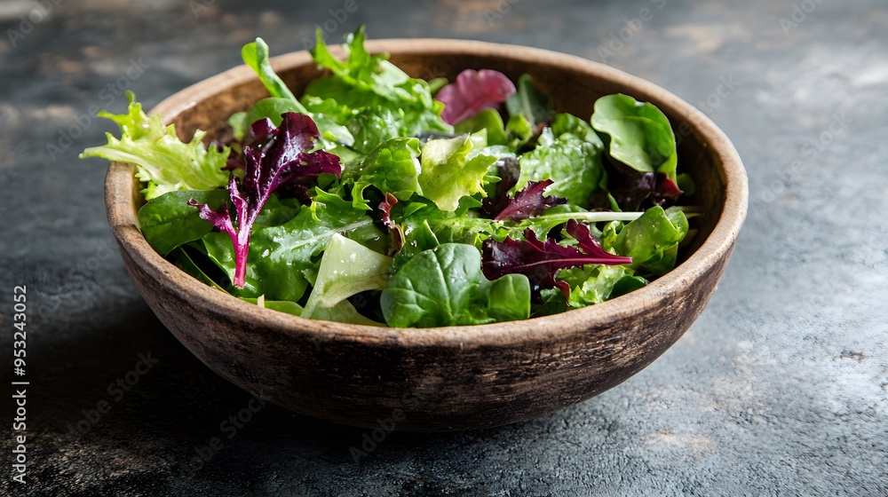 A fresh salad with mixed greens served in a rustic handcrafted bowl A fresh salad with mixed greens served in a rustic handcrafted bowl