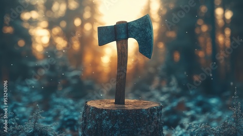 Axe Stuck in the Center of a Tree Stump with Forest Background and Bokeh Effect, Conceptual Photography with Copy Space

 photo