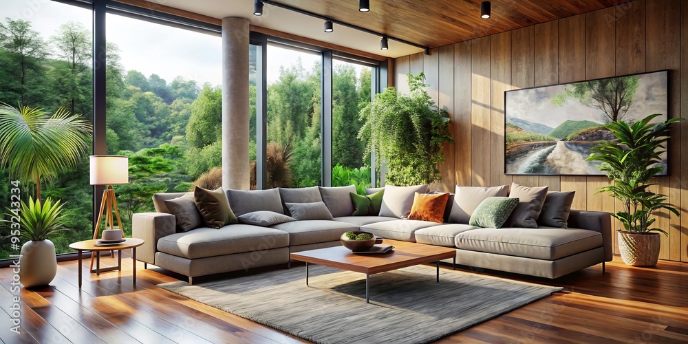 Fototapeta premium CozySymmetry: Soothing morning light pours through floor-to-ceiling windows onto plush gray sectional, surrounded by minimalist wooden decor,