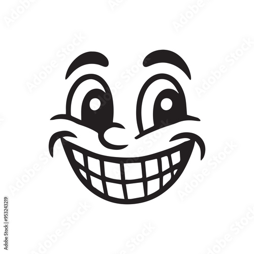 Retro Cartoon Face Clipart,  Facial Expression Outline Design - Cheery Chuckle retro face vector illustration in black and white