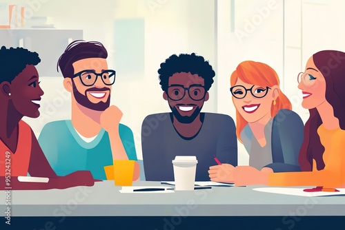 Diverse group of friends enjoying conversation over coffee