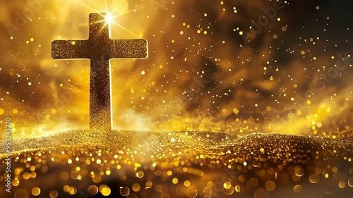 A wooden cross stands tall against a backdrop of golden light and sparks, symbolizing faith and hope. photo