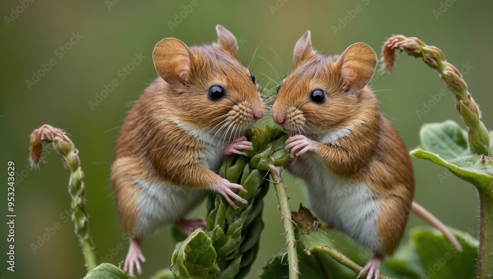 Two brown mice are sitting on a green leaf Two brown mice are sitting on a green leaf