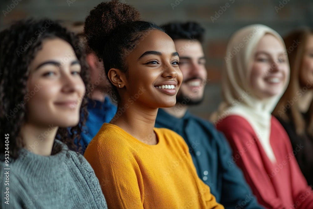 Obraz premium Diverse group smiling, focus on woman in yellow