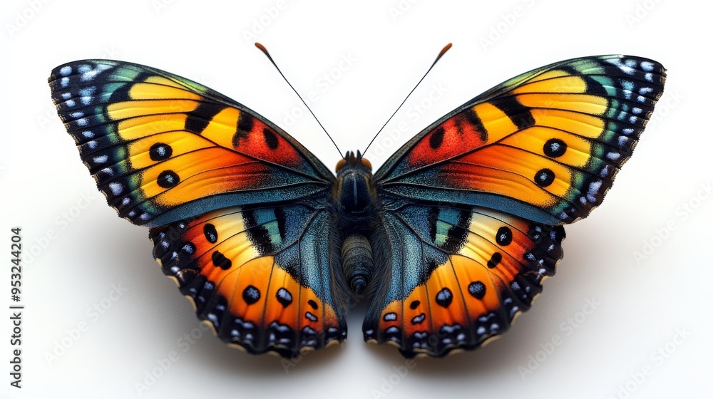 Wings of Vibrance: A stunning butterfly, adorned in a kaleidoscope of orange, yellow, and blue hues, is captured in exquisite detail against a pristine white backdrop. Wings of Vibrance: A stunning butterfly, adorned in a kaleidoscope of orange, yellow, and blue hues, is captured in exquisite detail against a pristine white backdrop.