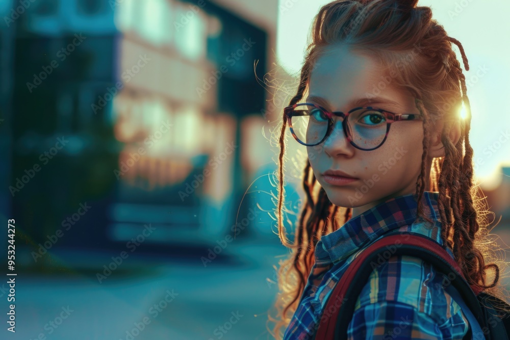 A young girl wearing glasses and carrying a backpack, possibly heading to school or on an adventure A young girl wearing glasses and carrying a backpack, possibly heading to school or on an adventure