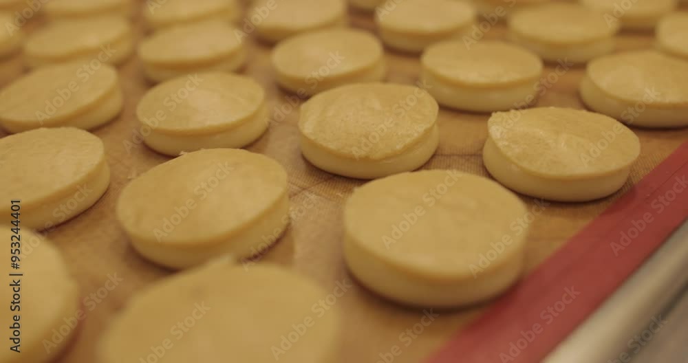 Making macarons. The process of making a French dessert. Pasta macaroni. Food industry, serial or mass production. 4K video recording. Making macarons. The process of making a French dessert. Pasta macaroni. Food industry, serial or mass production. 4K video recording.