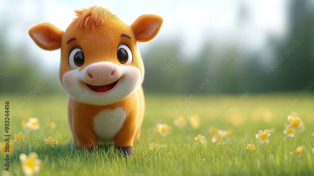 Adorable Calf in a Field of Flowers: A 3D rendered image of a cute calf with big, endearing eyes standing in a lush green field of yellow flowers. The calf's innocent and cheerful expression is sure t Adorable Calf in a Field of Flowers: A 3D rendered image of a cute calf with big, endearing eyes standing in a lush green field of yellow flowers. The calf's innocent and cheerful expression is sure t