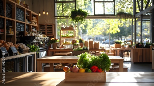 A light-filled dining area with wooden tables and fresh produce as centerpieces